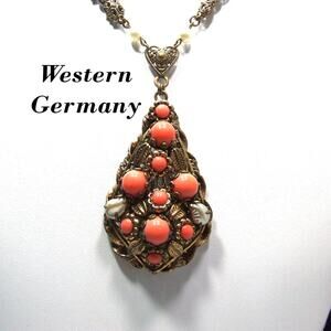 West Germany Orange Cabochon Glass Rhinestone Necklace, Faux Pearls, Vintage